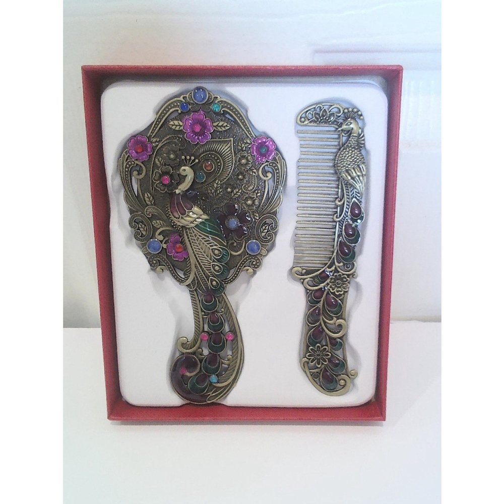 Vintage Peacock Shaped Mirror And Hair Brush Set Style G